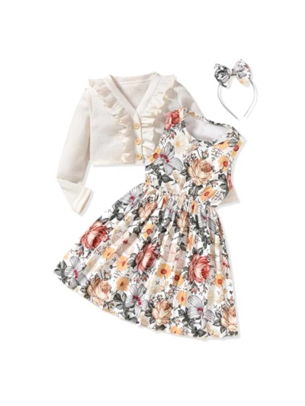 Toddler Girls Floral Dress and Cardigan Set Sleeveless Long Sleeve